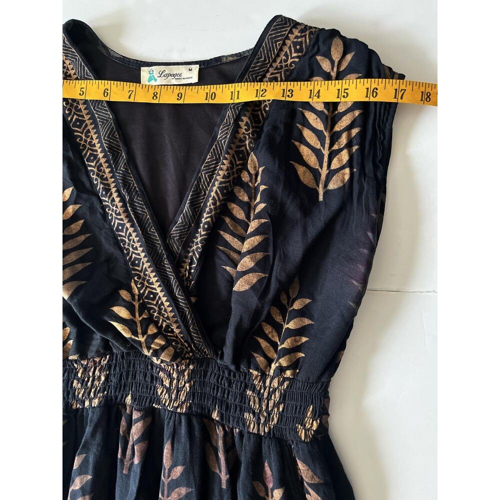 Lapogee Dress Womens M Black Gold Leaf Print Maxi Lined Boho India V Neck Resort - Picture 4 of 10